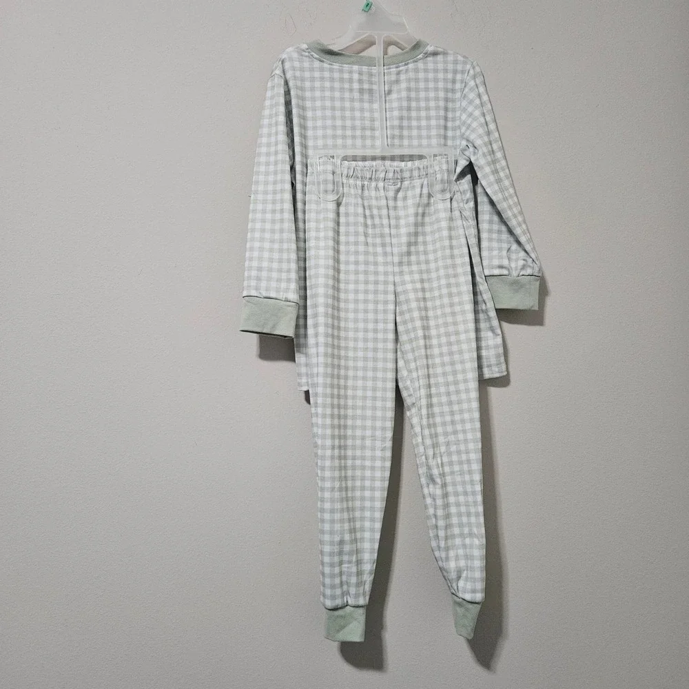 Moo-Cow Designs Kids Santa Gingham Pajama Set Sage Green Christmas‎ 5-6T